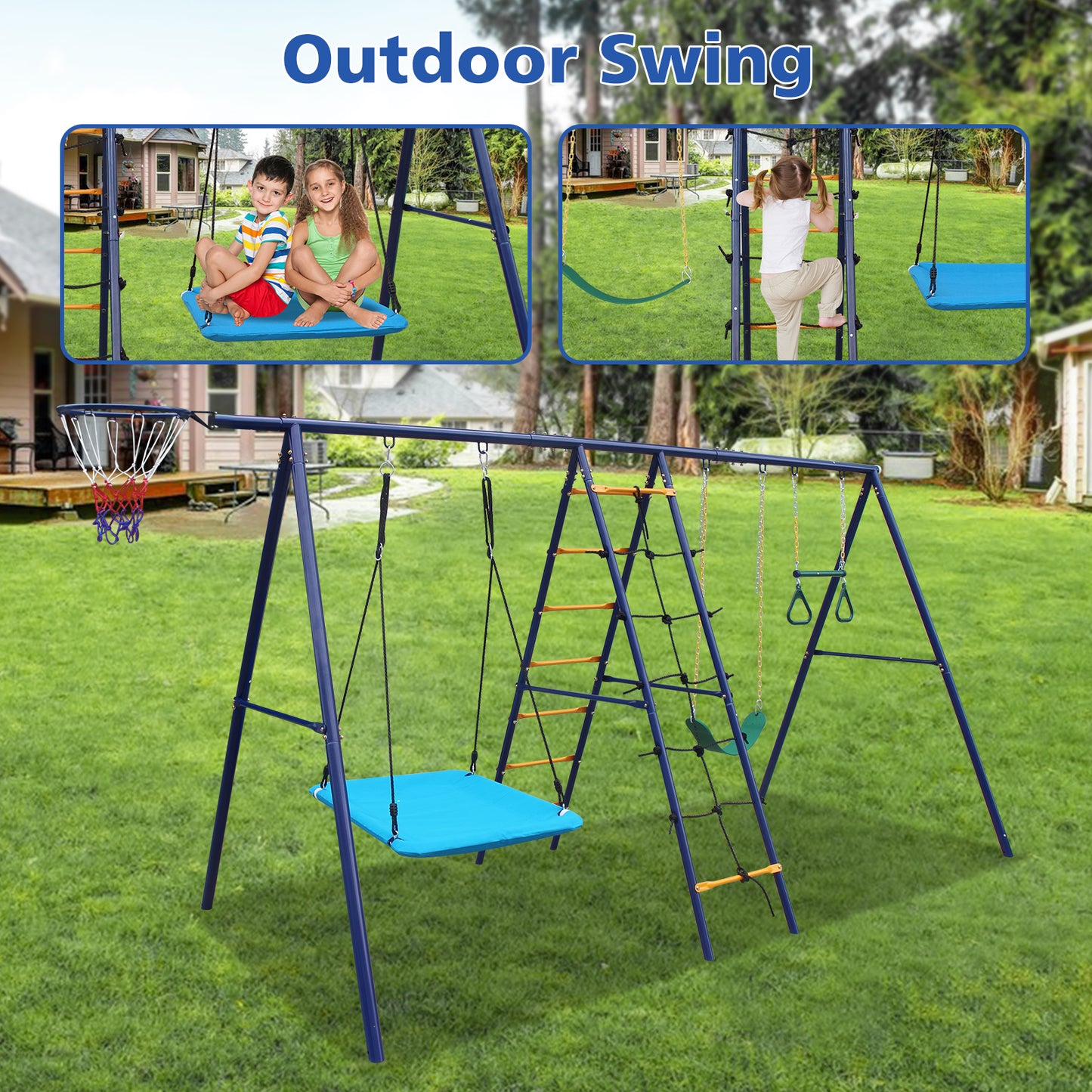6-in-1 Swing Set with Climbing Ladder, Trapeze Bar & Hammock Swing