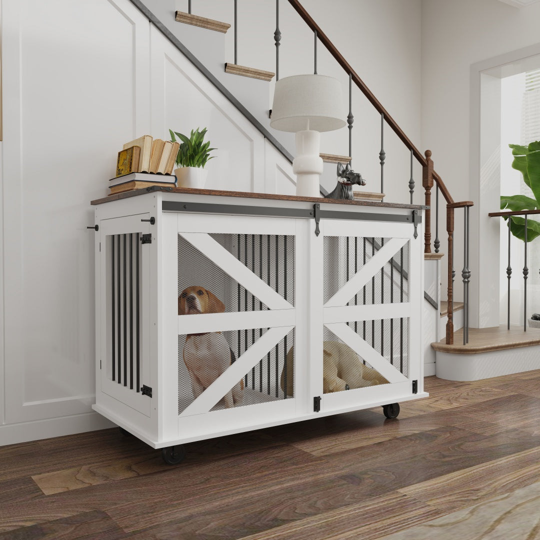 47.2-Inch Mobile Dog Crate with Flip-Top Feeding Door, Dual-Access & Casters