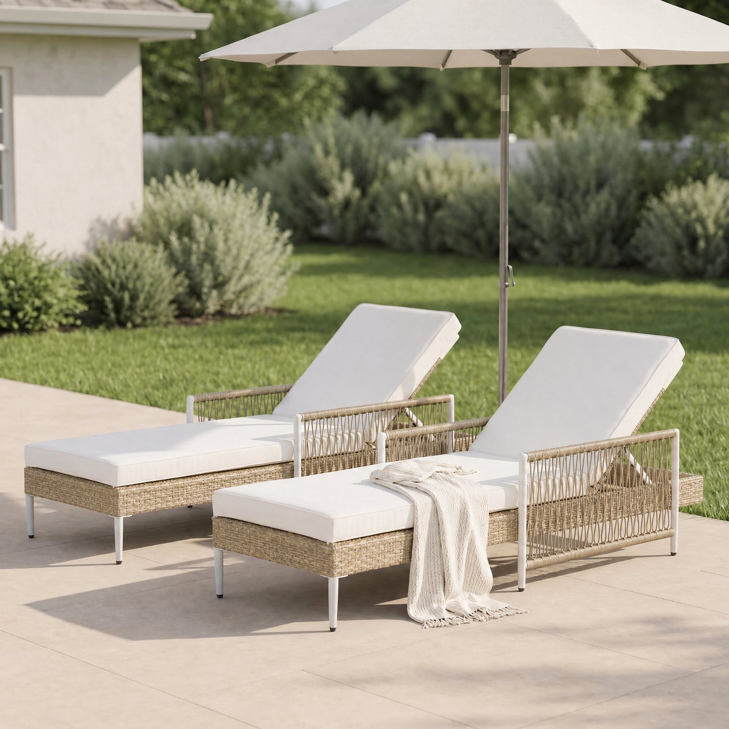 Outdoor PE Rattan Chaise Lounge - Set of 2, Beige
