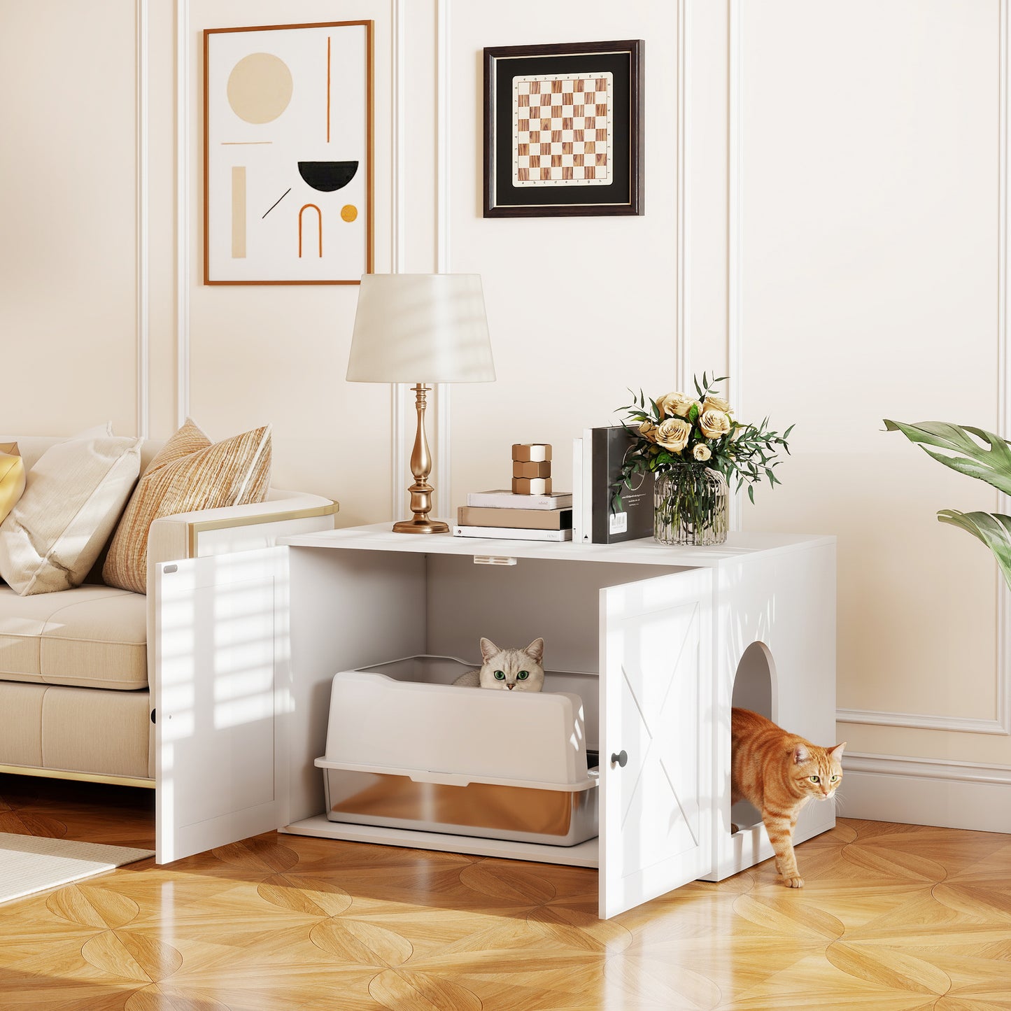 Cat Litter Box Enclosure with Barn Door and Cat Hole - White, 31.5 x 20 x 20 inches