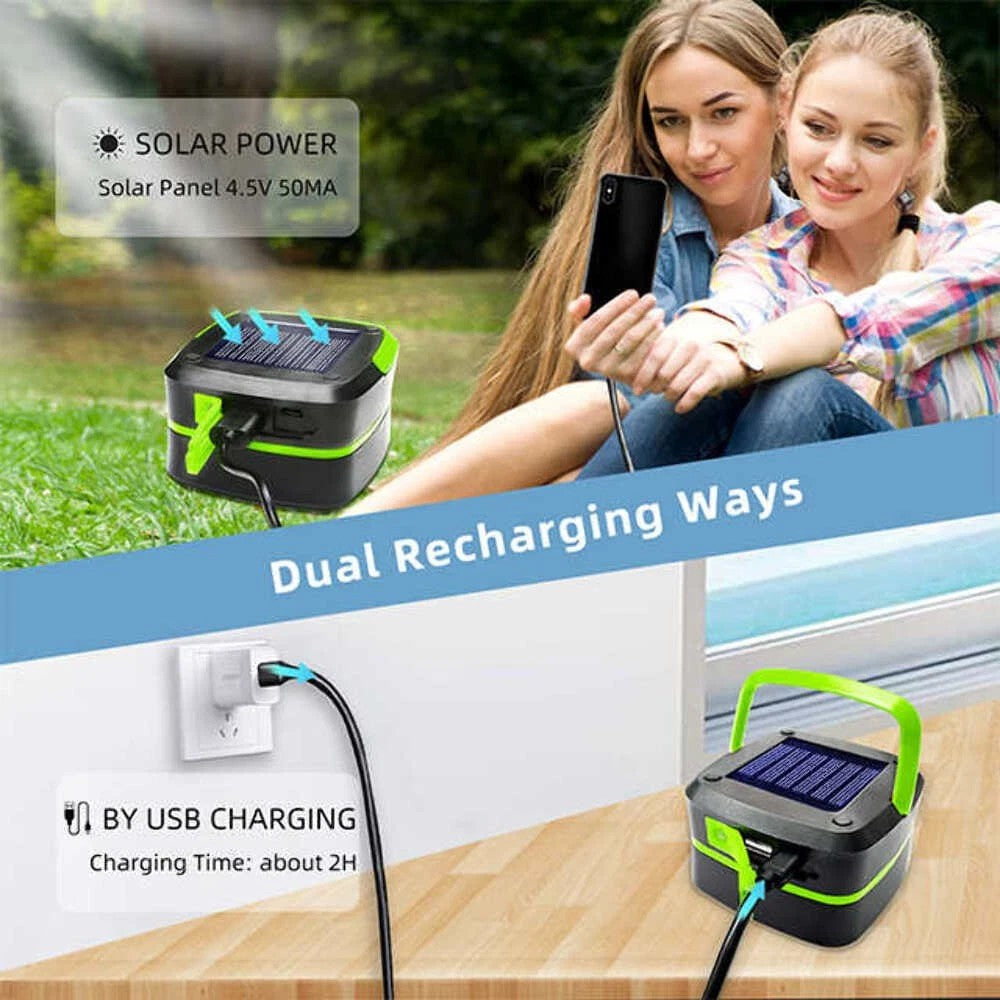 Rechargeable Solar Camping Lantern with Power Bank, Foldable Waterproof LED Light - Green