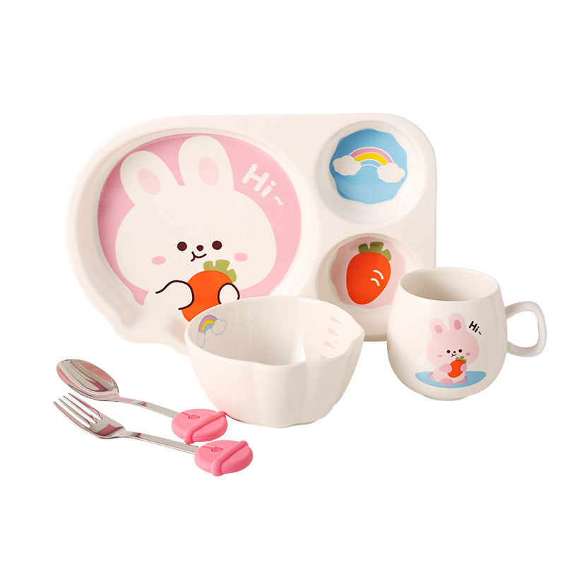 Children's Dinnerware Set with Cartoon Rabbit Design - Plates, Bowls, Cups & Utensils, Multiple Pieces