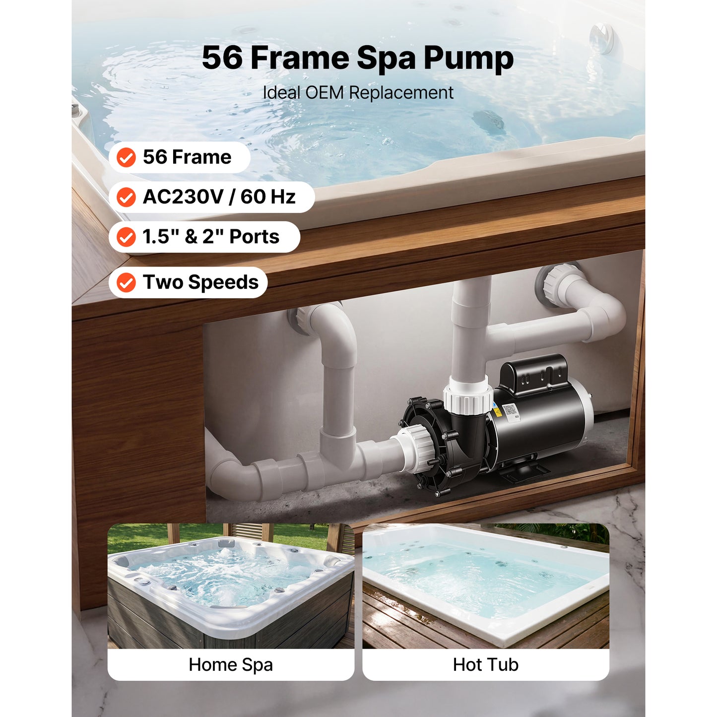 2HP Hot Tub Pump 2-Speed SPA Circulation Pump 1.5/2-Inch Ports 230V