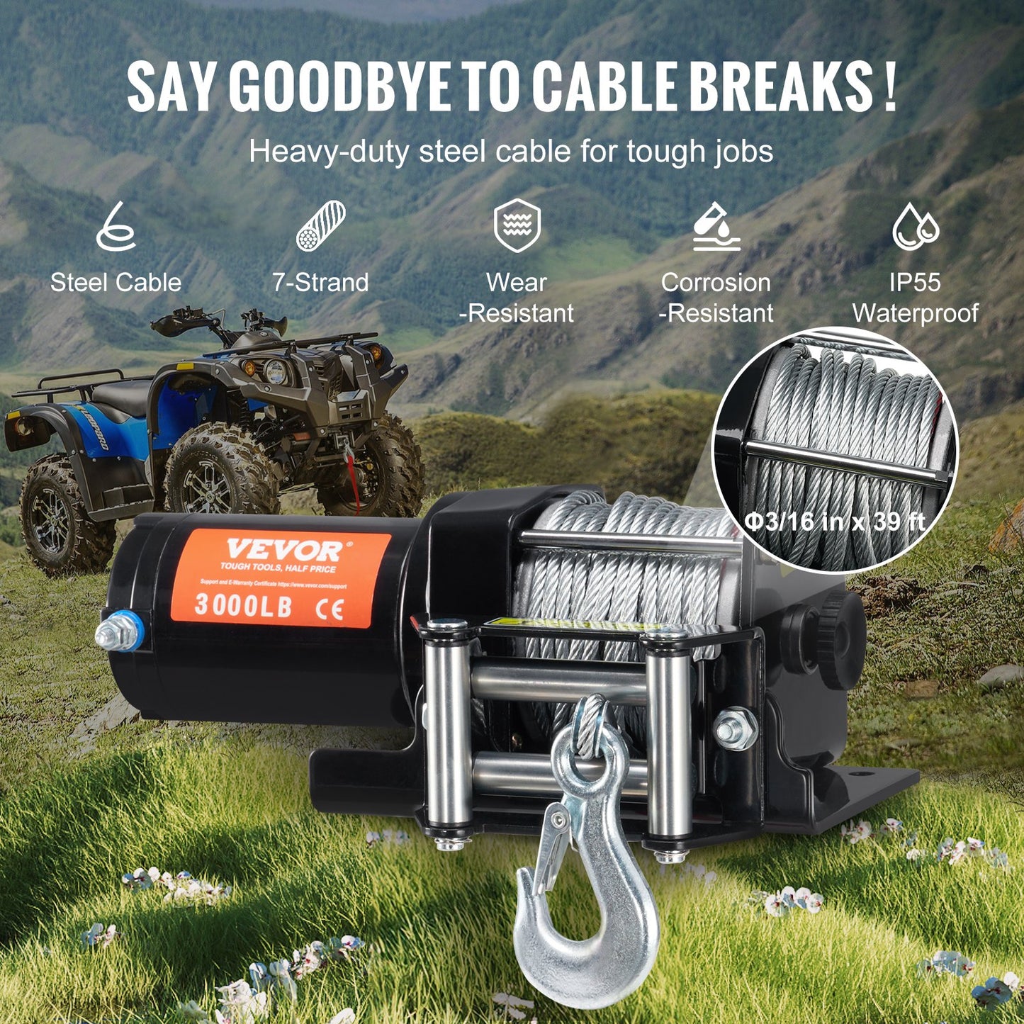 Electric Winch for ATV UTV 3000 lb Steel Cable Waterproof Wired Control