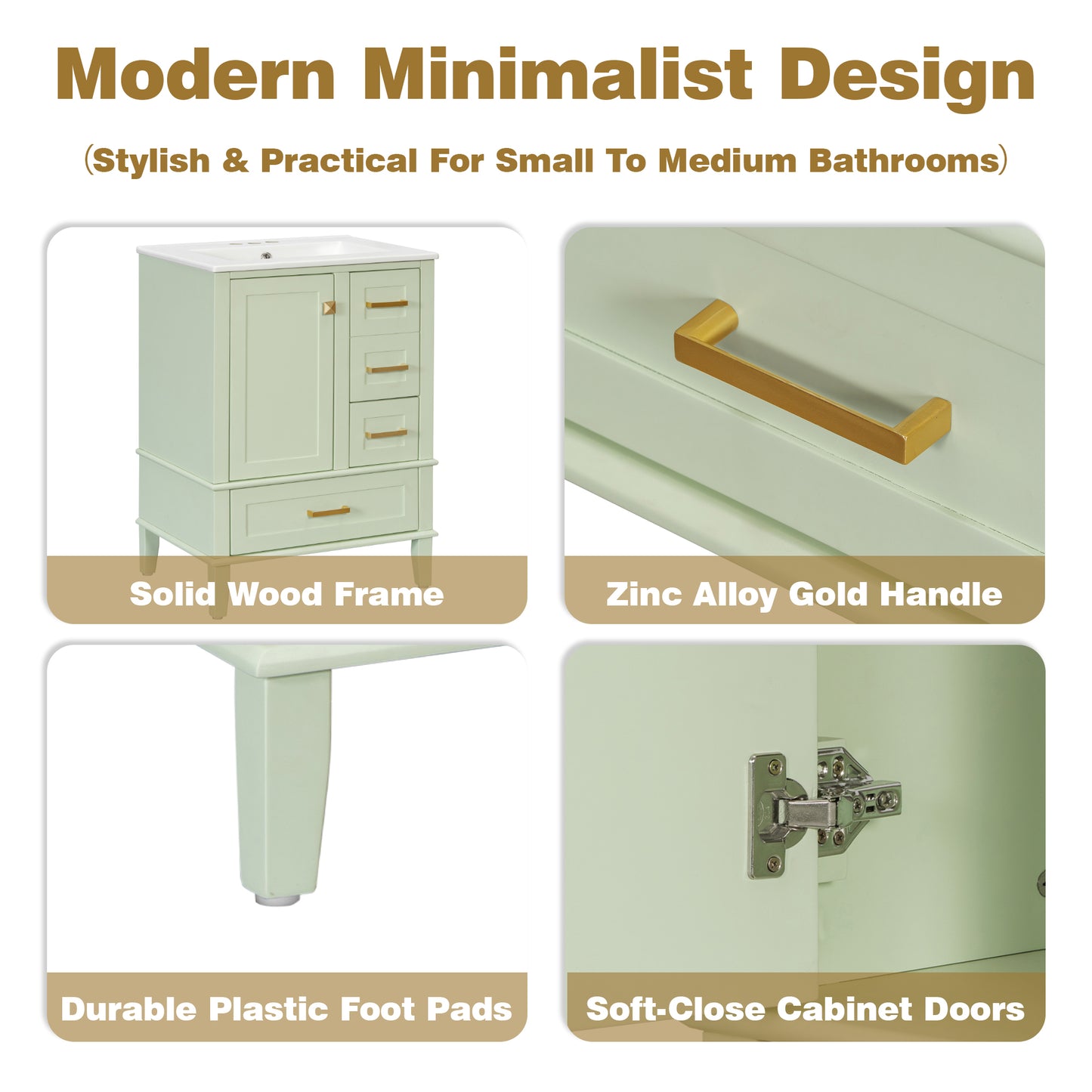 24.8" Bathroom Vanity with Ceramic Sink - Green Freestanding Cabinet