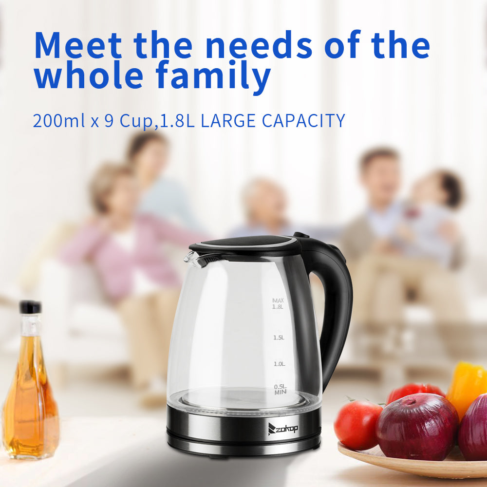 1.8L Electric Glass Kettle with Blue LED, Auto Shut-Off, 1500W