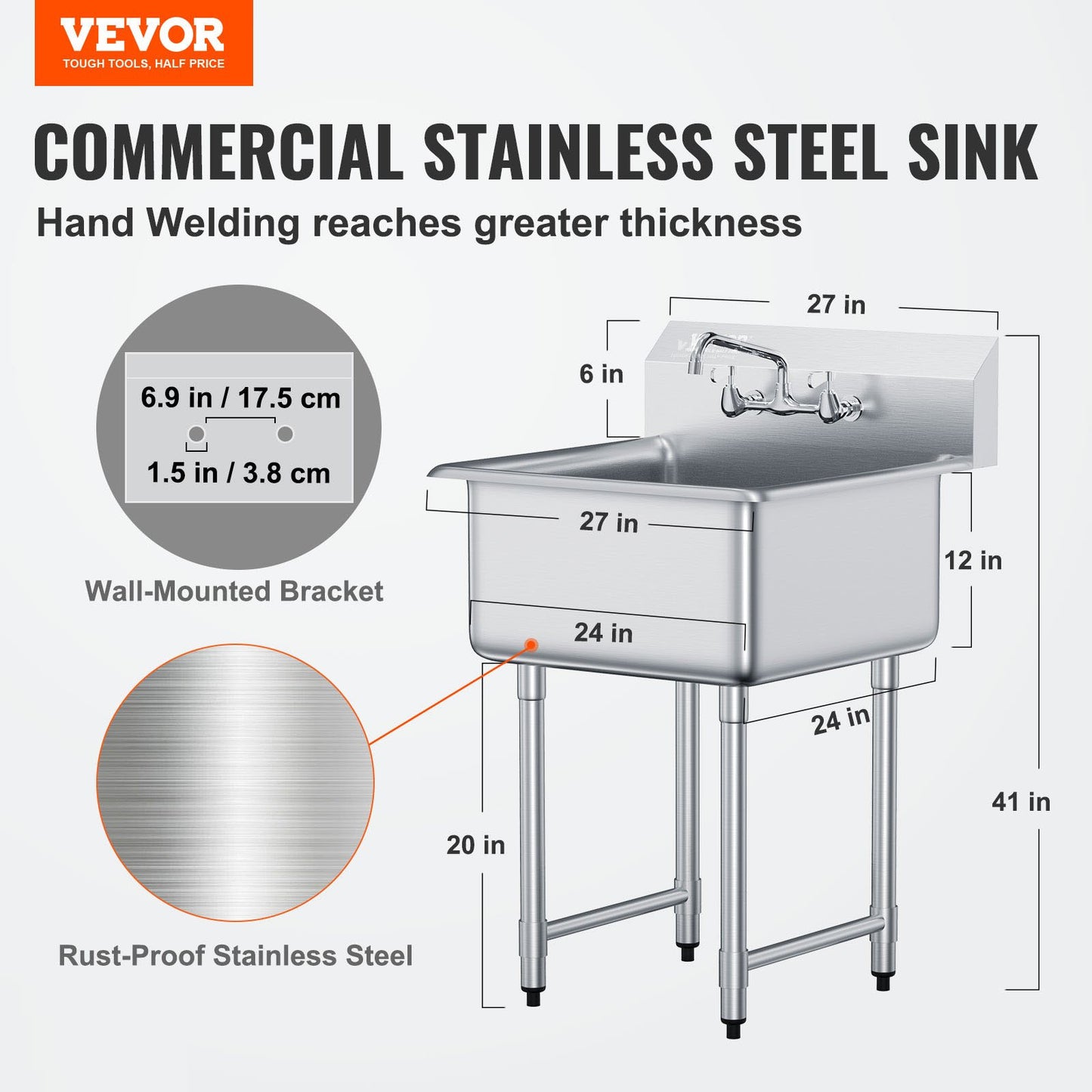 Stainless Steel Utility Sink with Faucet & Legs - 27x41 Inch
