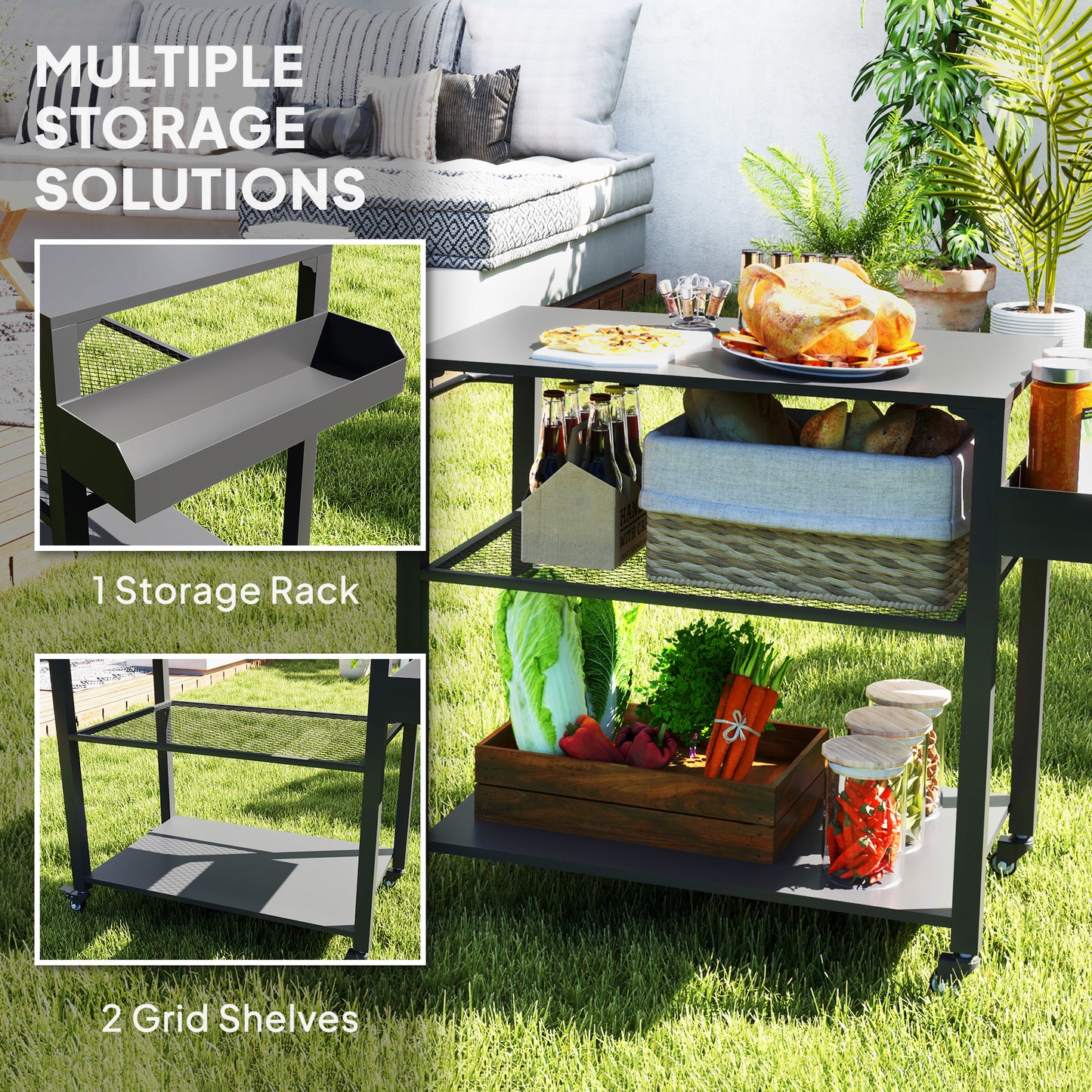 Outdoor Grill Cart with Storage Racks & Wheels - Black