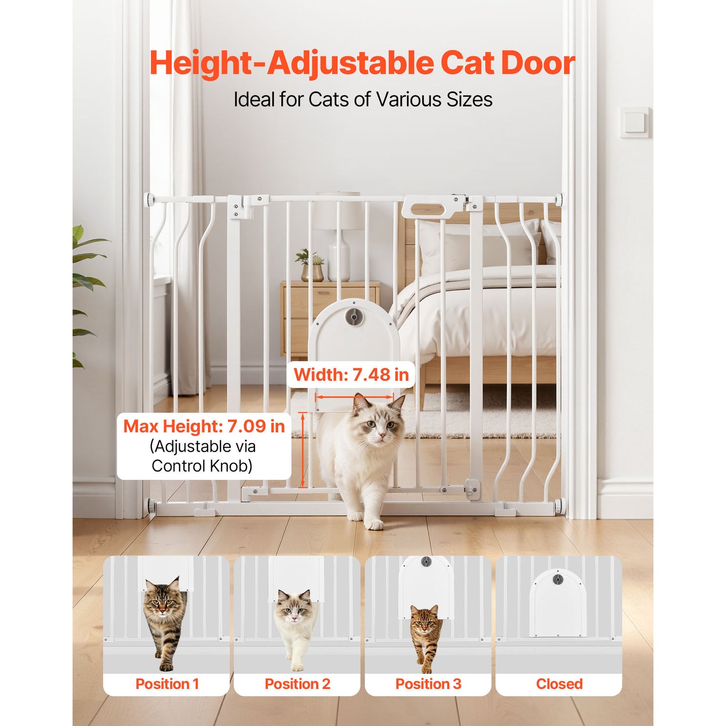 Adjustable Baby Gate for Stairs & Doorways with Cat Door, Pressure & Wall Mount, White