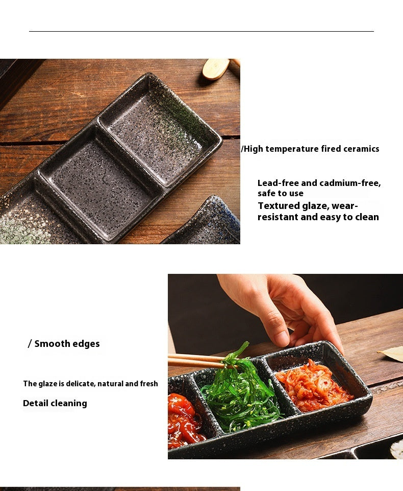 Rectangular Ceramic Sauce Dish with Three Grid Sections - Japanese Style Kitchenware