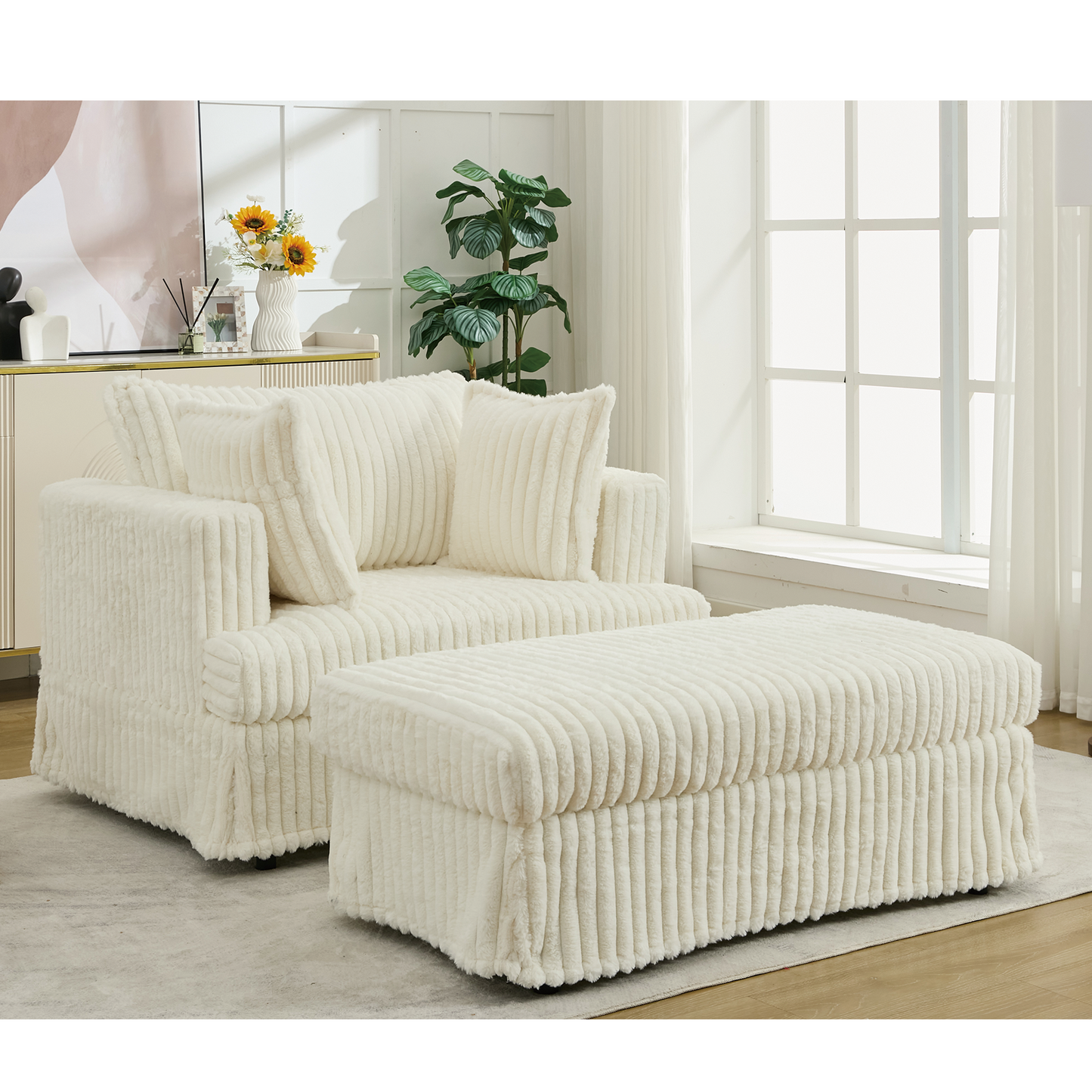 Oversized Corduroy Chaise Longue with Ottoman - Beige