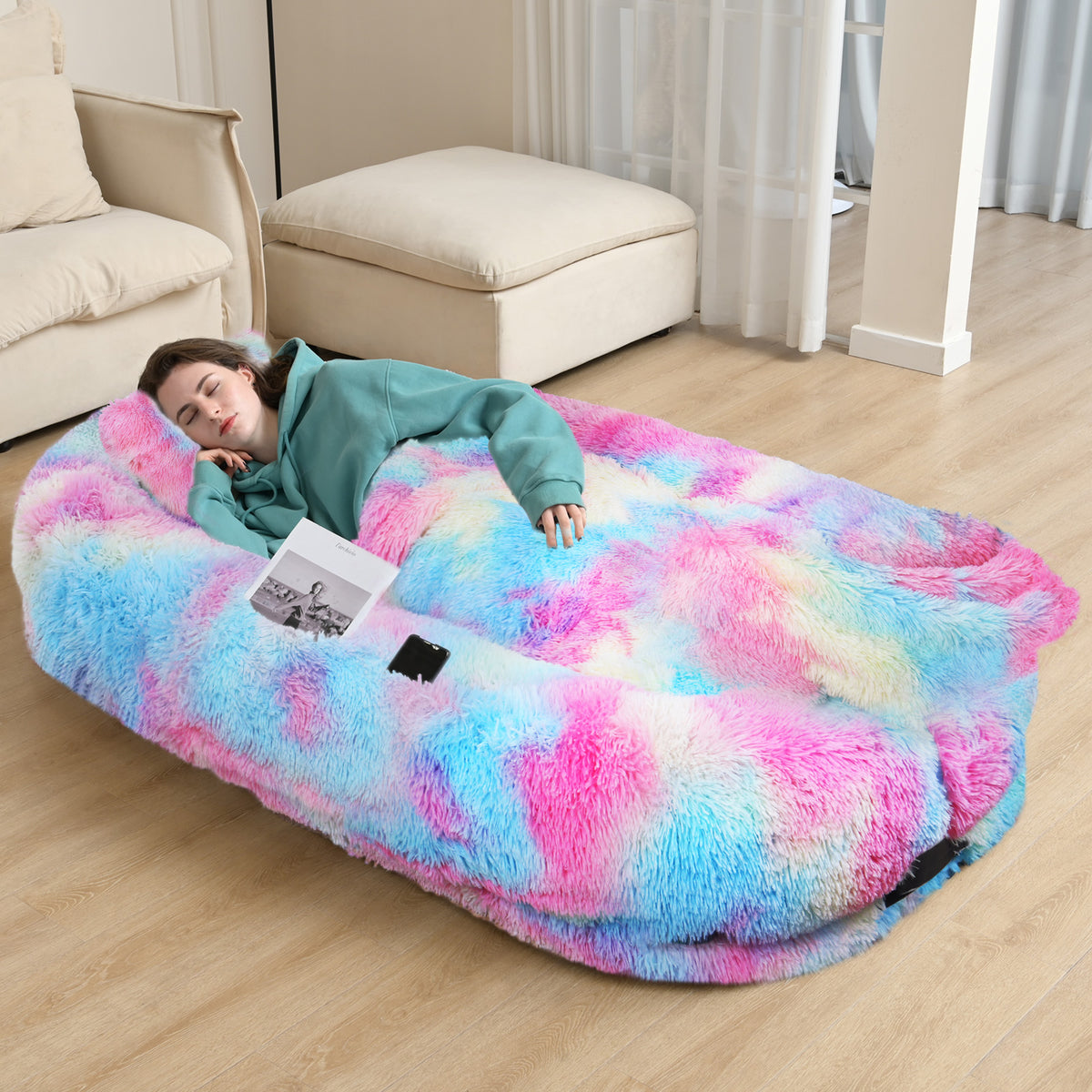 Oversized Human & Pet Dog Bed with Orthopedic Support - 71 x 45 Inch Faux Fur Lounger, Washable Cover, Pillow & Blanket Included