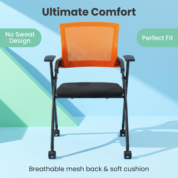Stackable Folding Office Chair with Wheels - Ergonomic Padded Seat, 350lbs Capacity, Orange