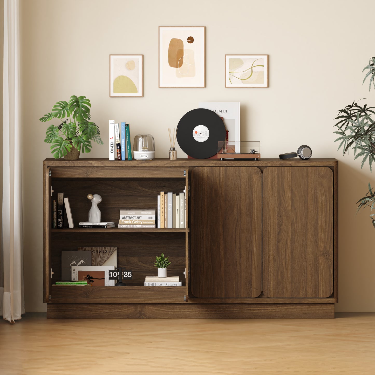 59.1" Walnut 4-Door Sideboard Buffet Cabinet with Adjustable Shelves