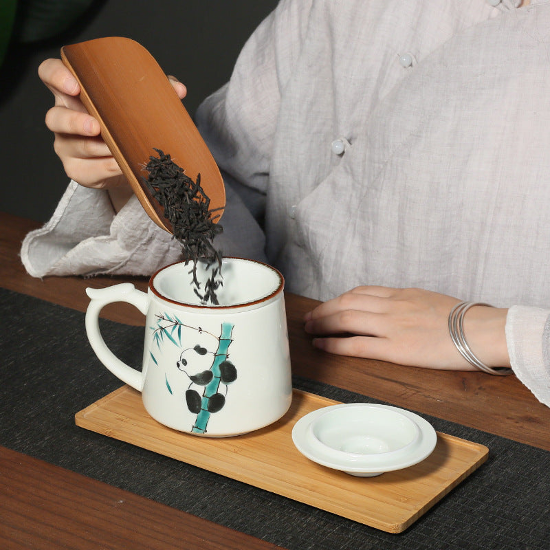 Hand Painted Panda Water Cup Ceramic Tea Set with Cover and Gift Box - Cute Animal Drinking Mug