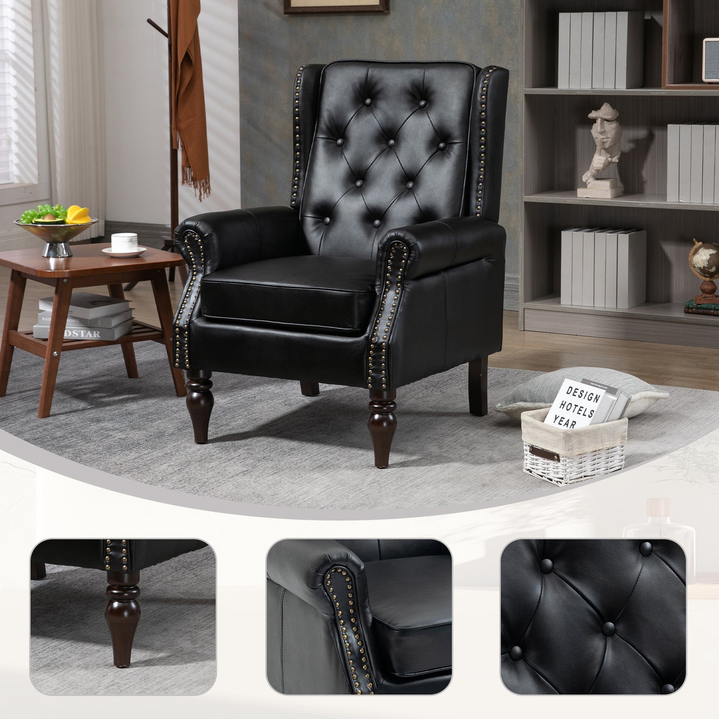 Modern Wood Frame Armchair - Black PU Accent Chair for Living Room