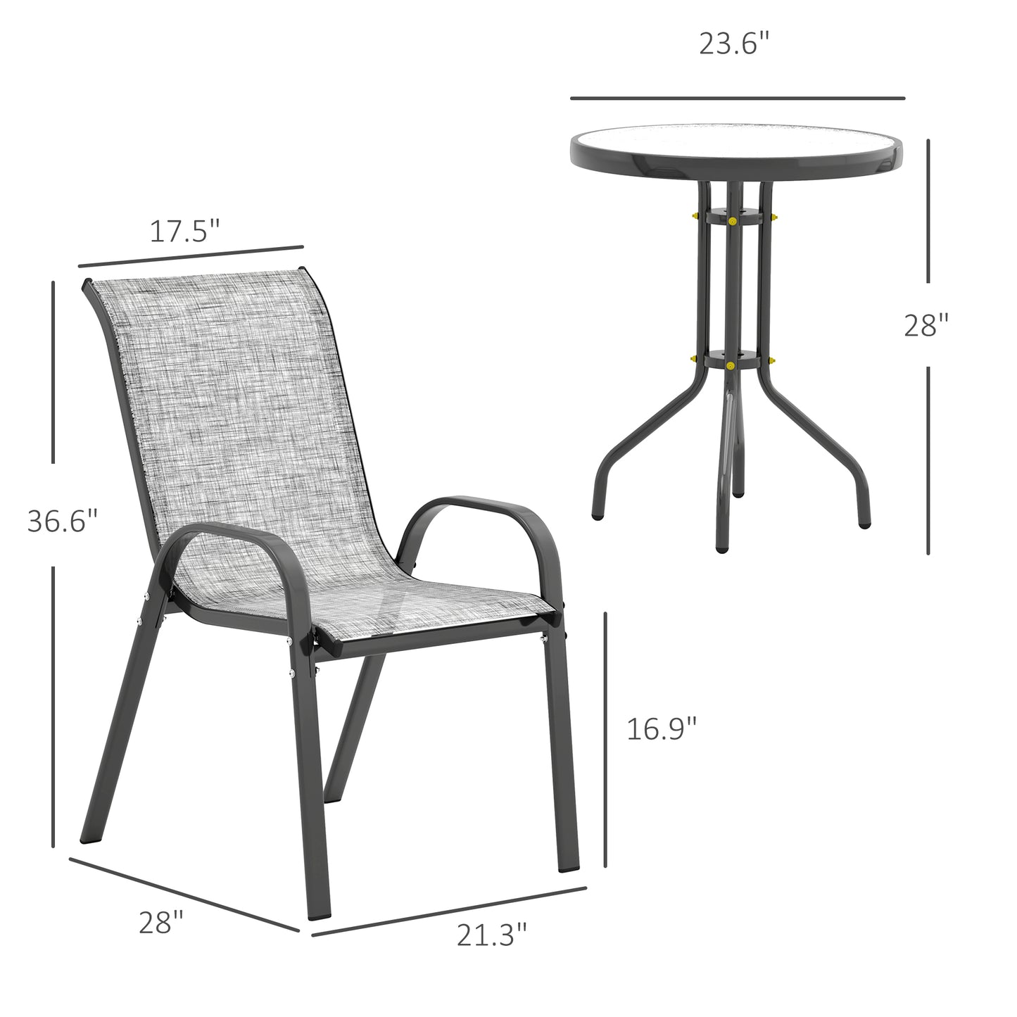 Bistro Set for Small Spaces - 2 Stackable Chairs & Glass Table - Gray
