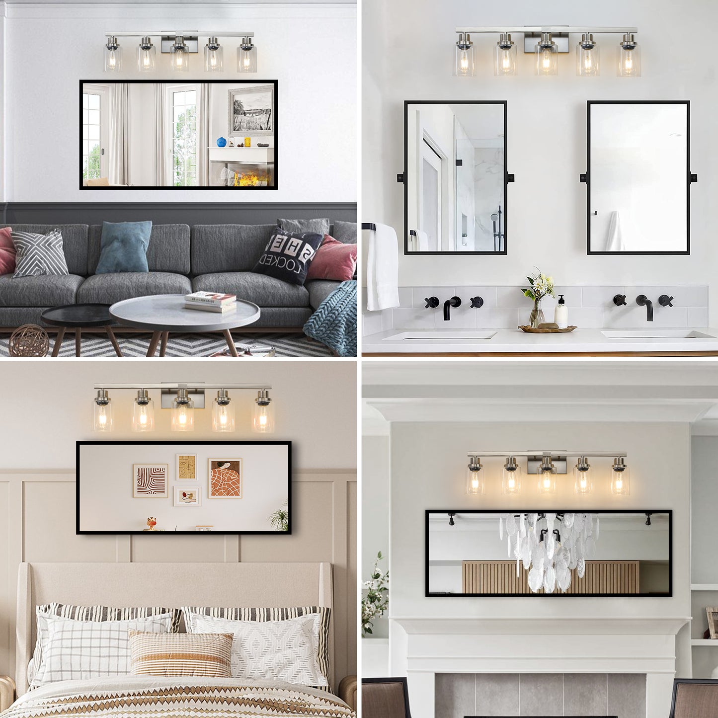 Modern 5-Light Bathroom Vanity Light Fixture - Brushed Nickel with Glass Shades