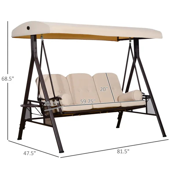 3-Seat Porch Swing with Canopy - Beige Cushions, Steel Frame