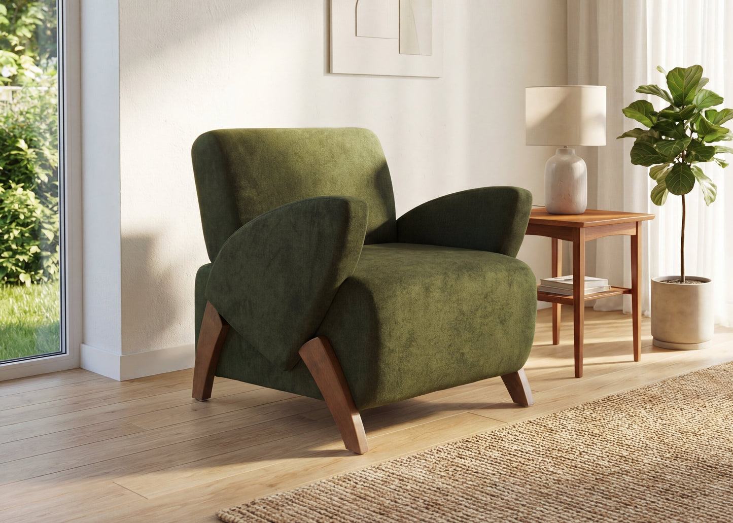 28.15-Inch Dark Green Velvet Lounge Chair with Birch Legs