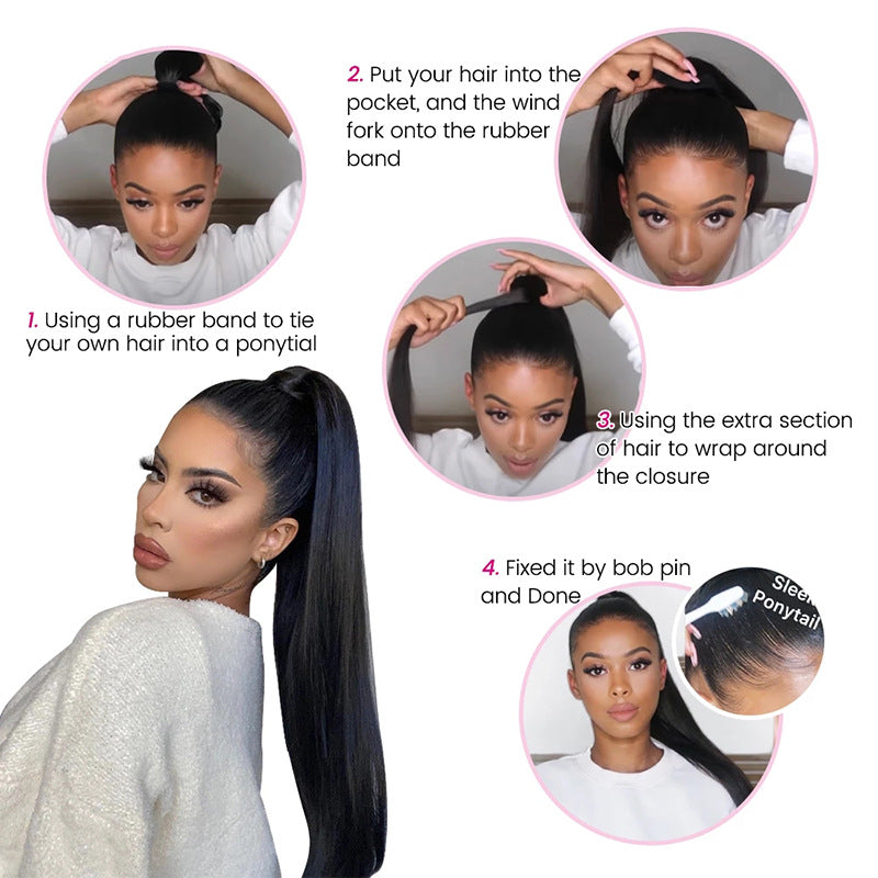 Natural Black Human Hair Ponytail Wig - Straight Style, 8-30 Inch