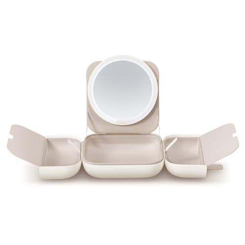 AMIRO M2 Travel Makeup Bag with 5 Level Brightness & 3 Color LED Mirror, Portable Makeup Artist Organizer, White