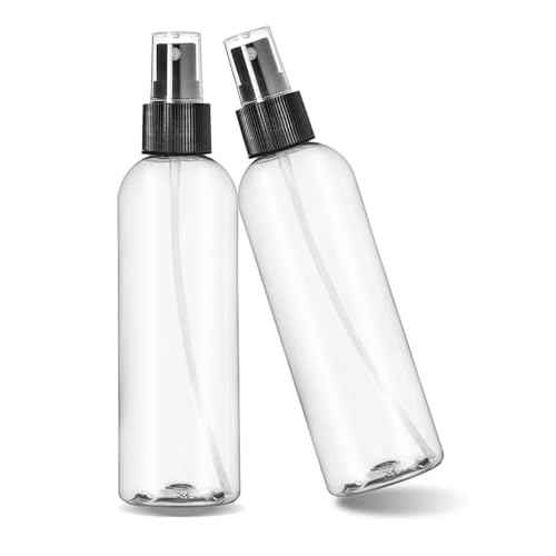 ljdeals 8 oz Clear Plastic Spray Bottles, Black Fine Mist Sprayer, Refillable Empty Bottles for Essential oils, Perfumes, Travel. Pack of 2, Made in USA