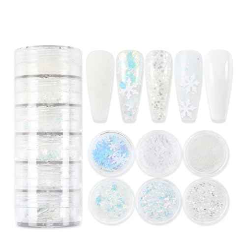 6 Boxes Winter Snowflake Nail Art Glitter Sequins 3D Holographic Christmas Nail Art Flakes White Nail Glitter Powder Snowflakes Hexagon Design Xmas Snow Confetti Glitter Makeup DIY Manicure Decoration