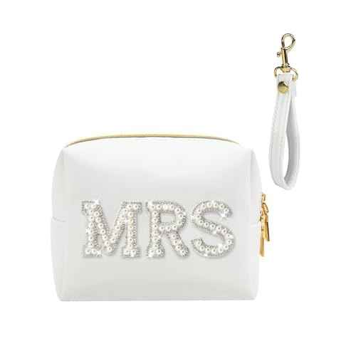 Fmeida MRS Patch Makeup Bag Bride Small Cosmetic Bag for Purse with Pearl Rhinestone Patches White PU Leather Detachable Handle Bride to be Gifts for Bachelorette Party Wedding Bridal Shower