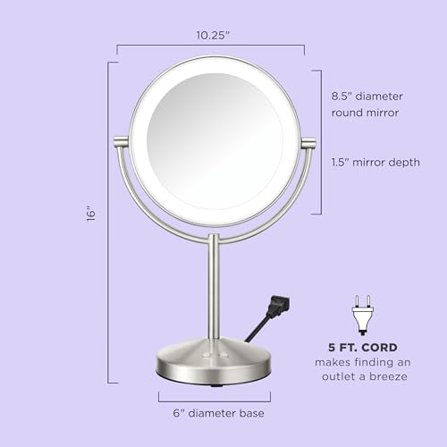Conair Lighted Makeup Mirror, Double-Sided LED Vanity Mirror with 1X/10X Magnification, 3 Light Settings, 3 Modes, 360¡Æ Rotation, Satin Nickel Finish