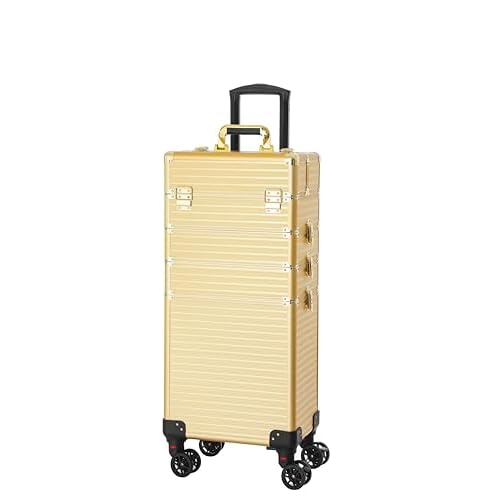 4 in 1 Portable Traveling Aluminum Professional Makeup Trolley Cart with Multiple-Sized Compartments and Wheels (Light gold)