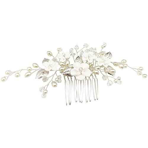 Flower Bridal Hair Vine Pieces with Comb Pearl Floral Rhinestone Leaf White Wedding Hair Pin Accessories for Women and Girls (White Flower Silver Leaf)