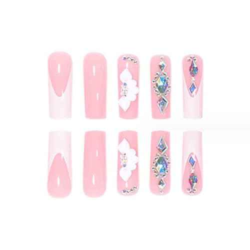 White Press on Nails Artificail Extra Long, French Square Fake Nails, Crystal Flowers Nails Acrylic Full Cover Long Fake Nails with Design Nail Tips for Women&Girls-24PCS