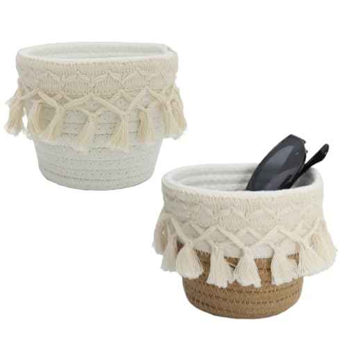 2Pcs Crochet Glasses Holder for Nightstand Macrame Knit Eye Glass Organizer Mini Storage Basket Stand with Tassels for Eyeglass Makeup Brush Desk Table Office