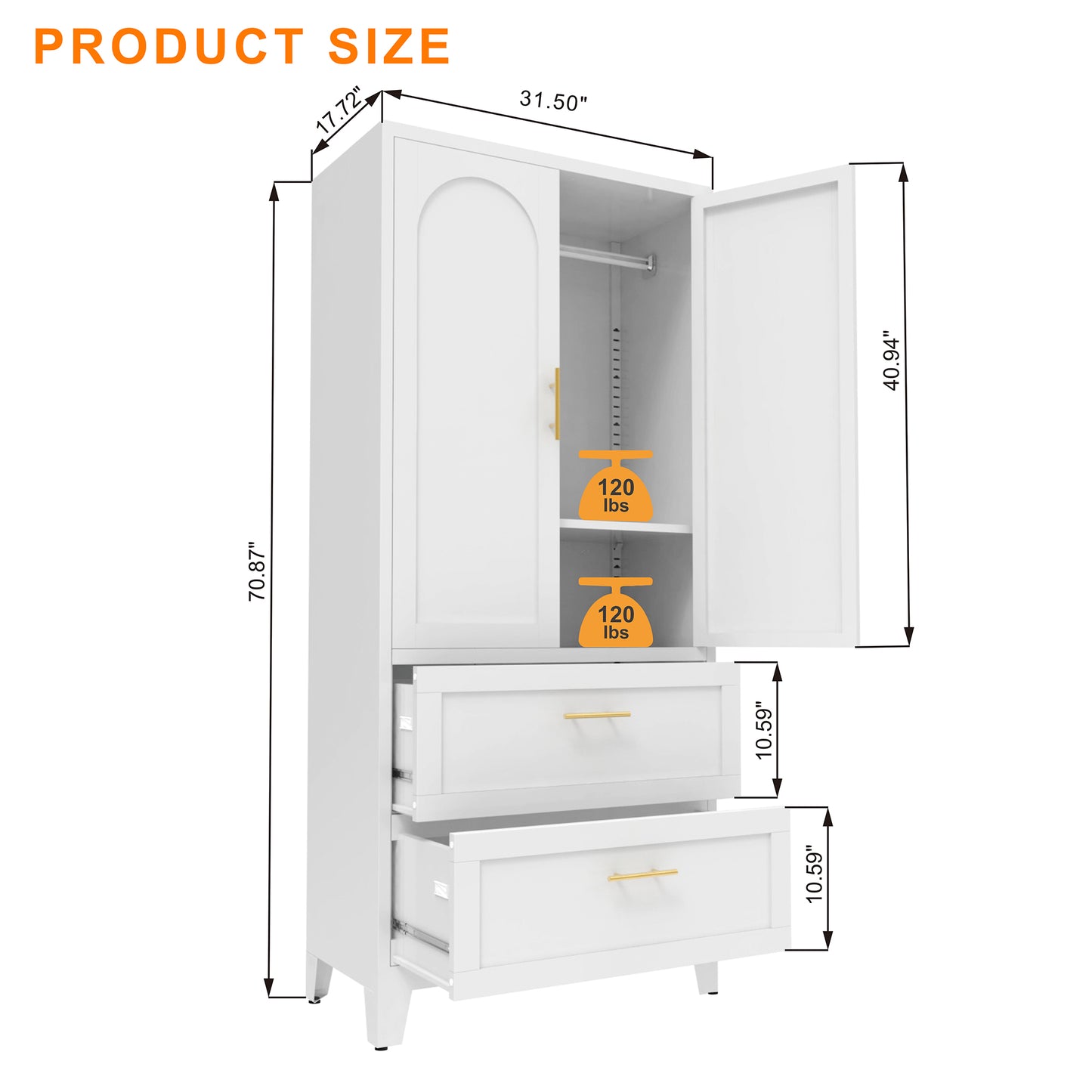 71-Inch Tall Metal Wardrobe Cabinet with 2 Drawers - White