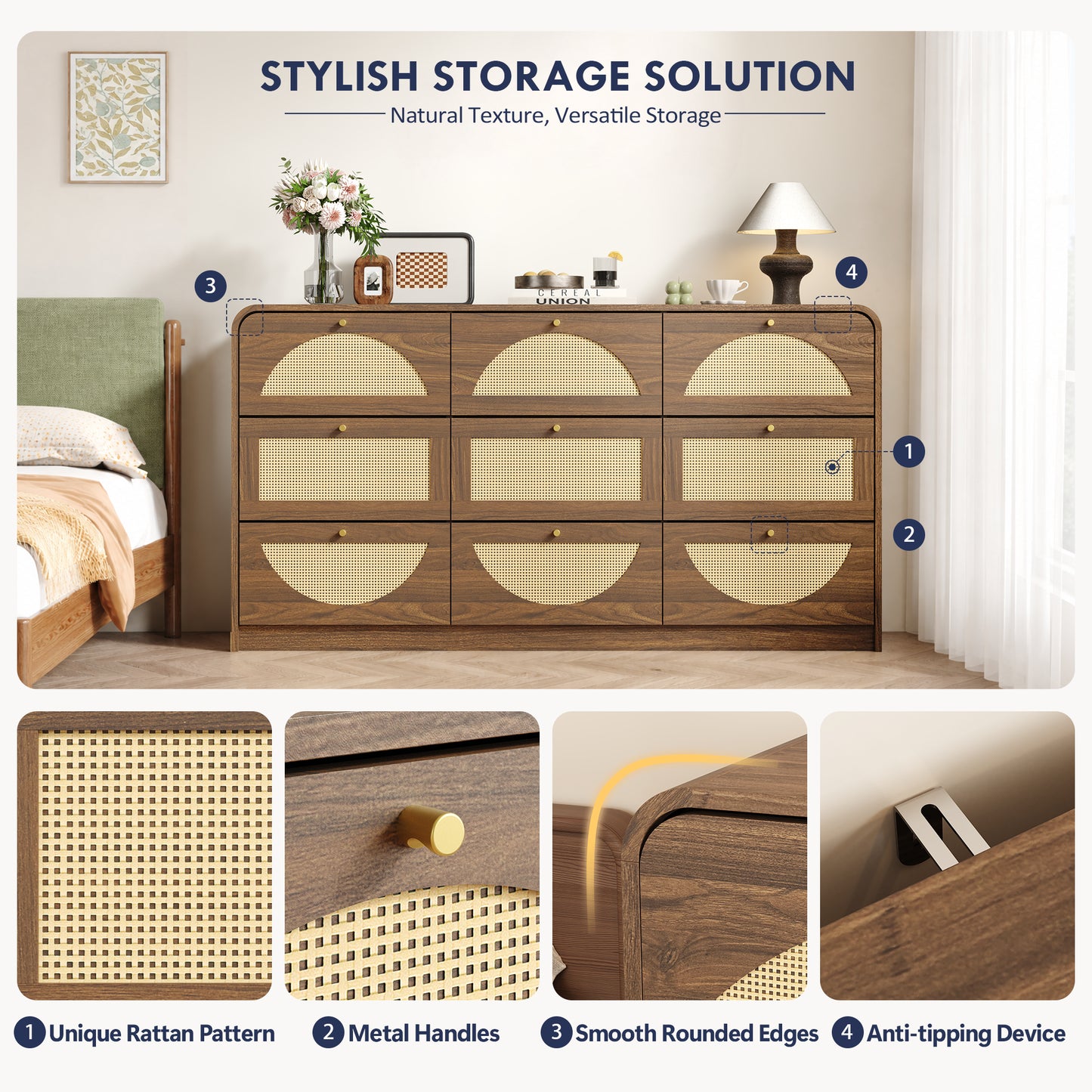 Modern 9-Drawer Dresser with Rattan Front - Walnut Finish