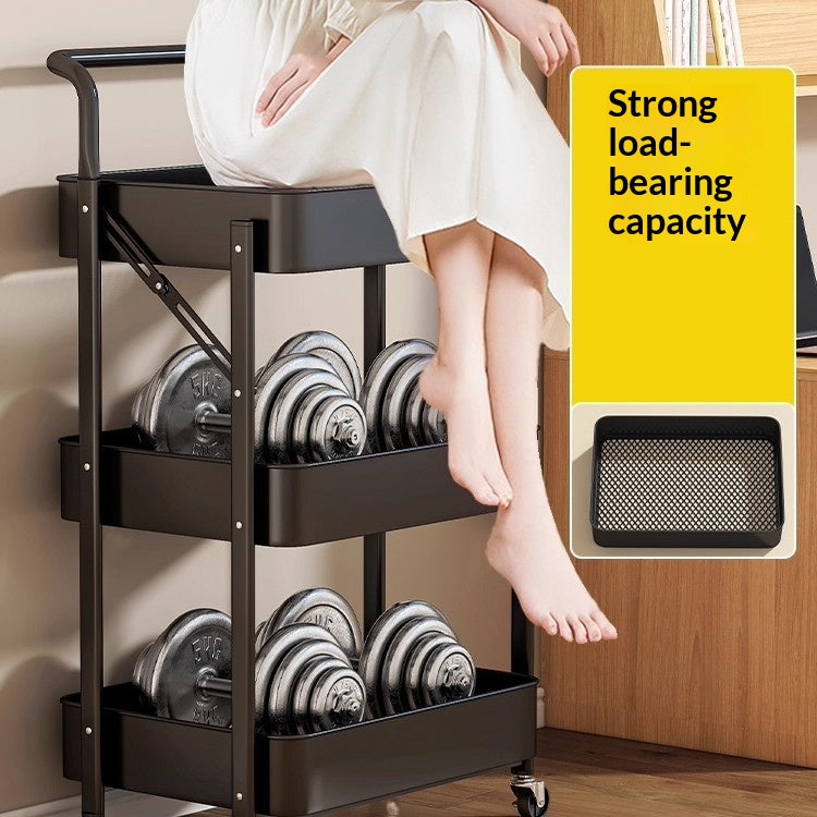 White 3-Tier Movable Kitchen Storage Rack with Hooks - Multi-Layer Steel Cart