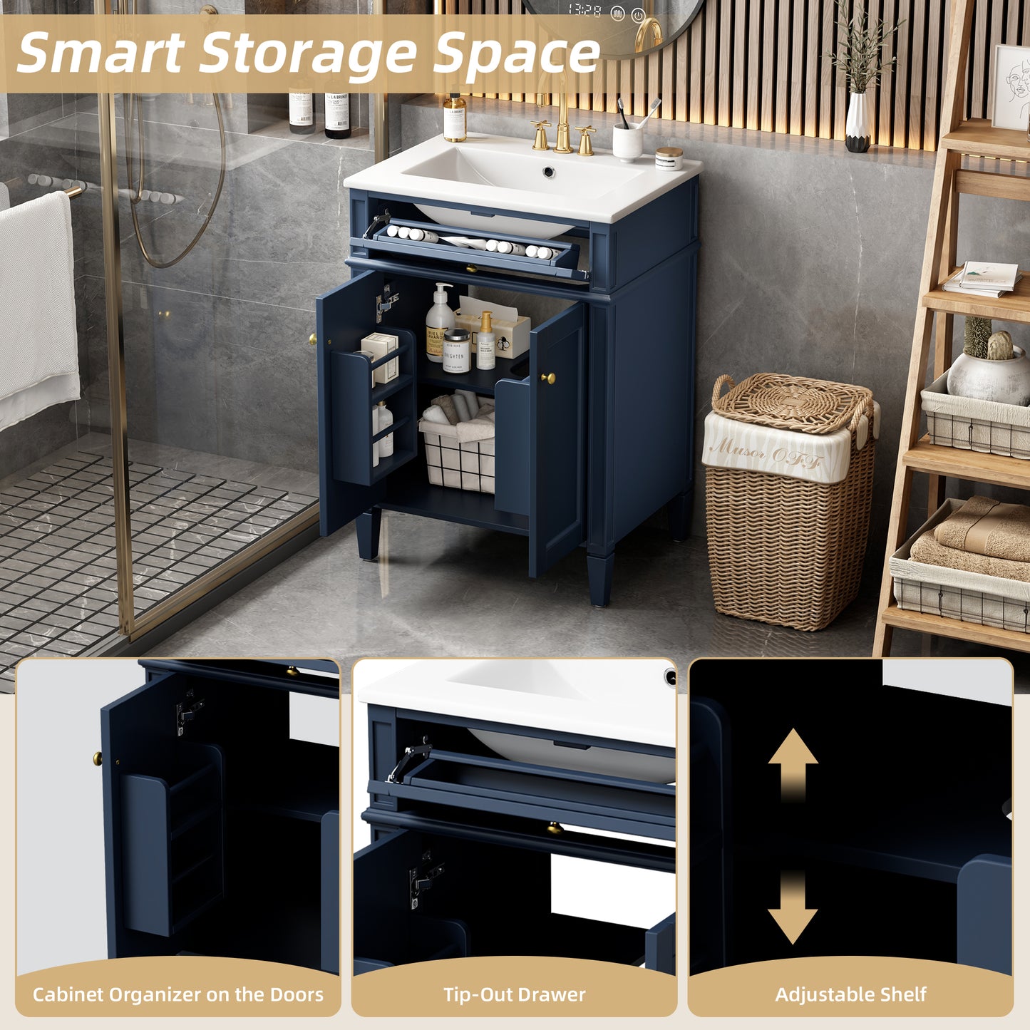 24" Blue Bathroom Vanity with Soft-Close Doors & Storage Drawer