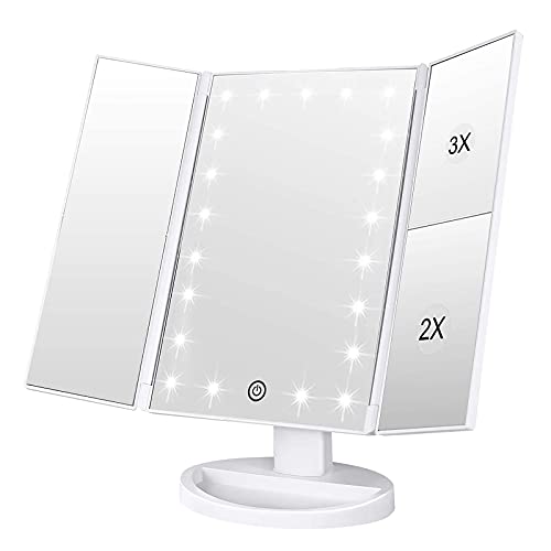 WEILY Makeup Mirror with 21 LED Lights,Two Power Supply Modes, Adjustable Touch Screen and 1x/2x/3x Magnification Tri-Fold Vanity Mirror,Chargeable Travel Cosmetic Mirror for Desktop(White)