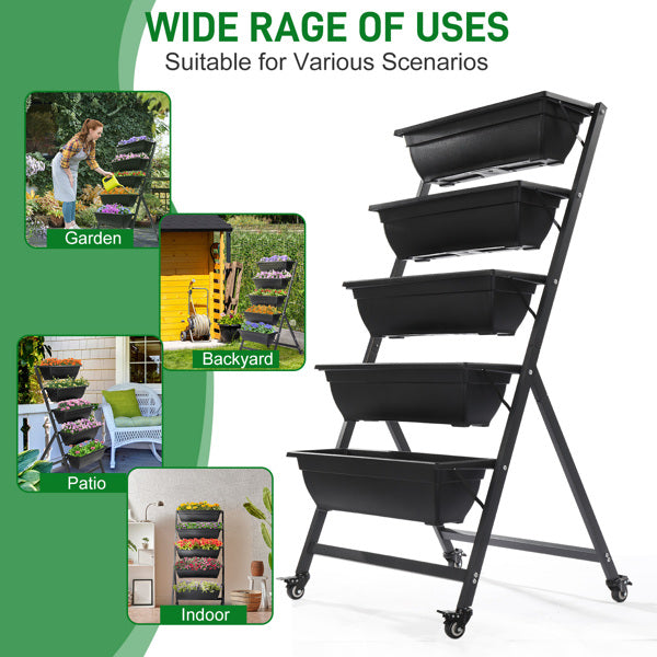Black 5-Layer Vertical Garden Planter with Wheels - 65x60x130cm