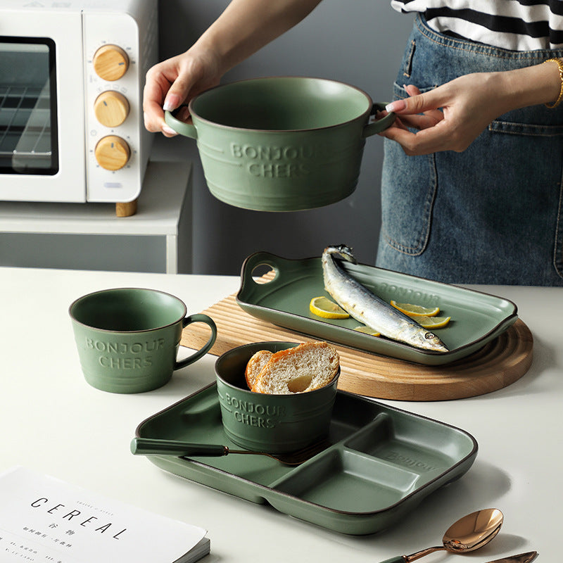Japanese & Korean Style Ceramic Tableware Set - Dinner Bowls, Plates & Utensils