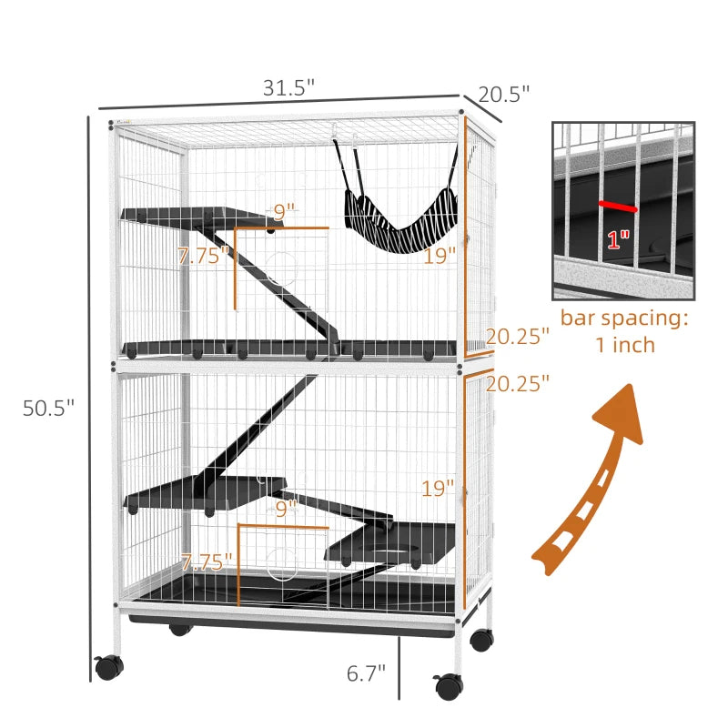 Small Animal Cage with Hammock - 4 Doors, Removable Tray, White