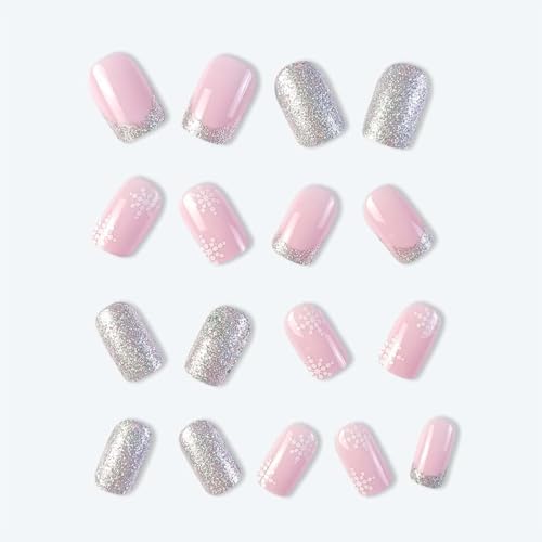 24 Pcs Christmas False Nails Square Snowflake Press on Nails Xmas Square Red Fake nails Acrylic Full Cover Stick on Nails for Women and Girls (M)