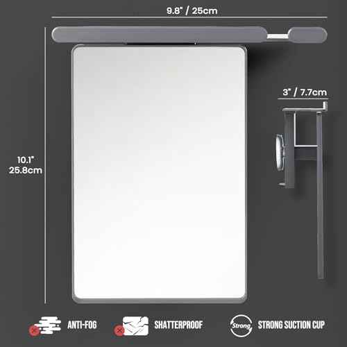 TAILI Shower Mirror Fogless for Shaving with Razor Holder, Anti-Fog with Powerful Suction for Bathroom,Makeup Shave Mirror Wall Mounted for Men & Women, Shatterproof & Removable,Grey