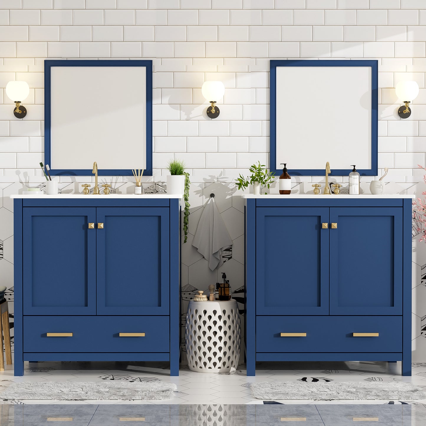 60" Blue Bathroom Vanity Set with Double Ceramic Sinks and Storage