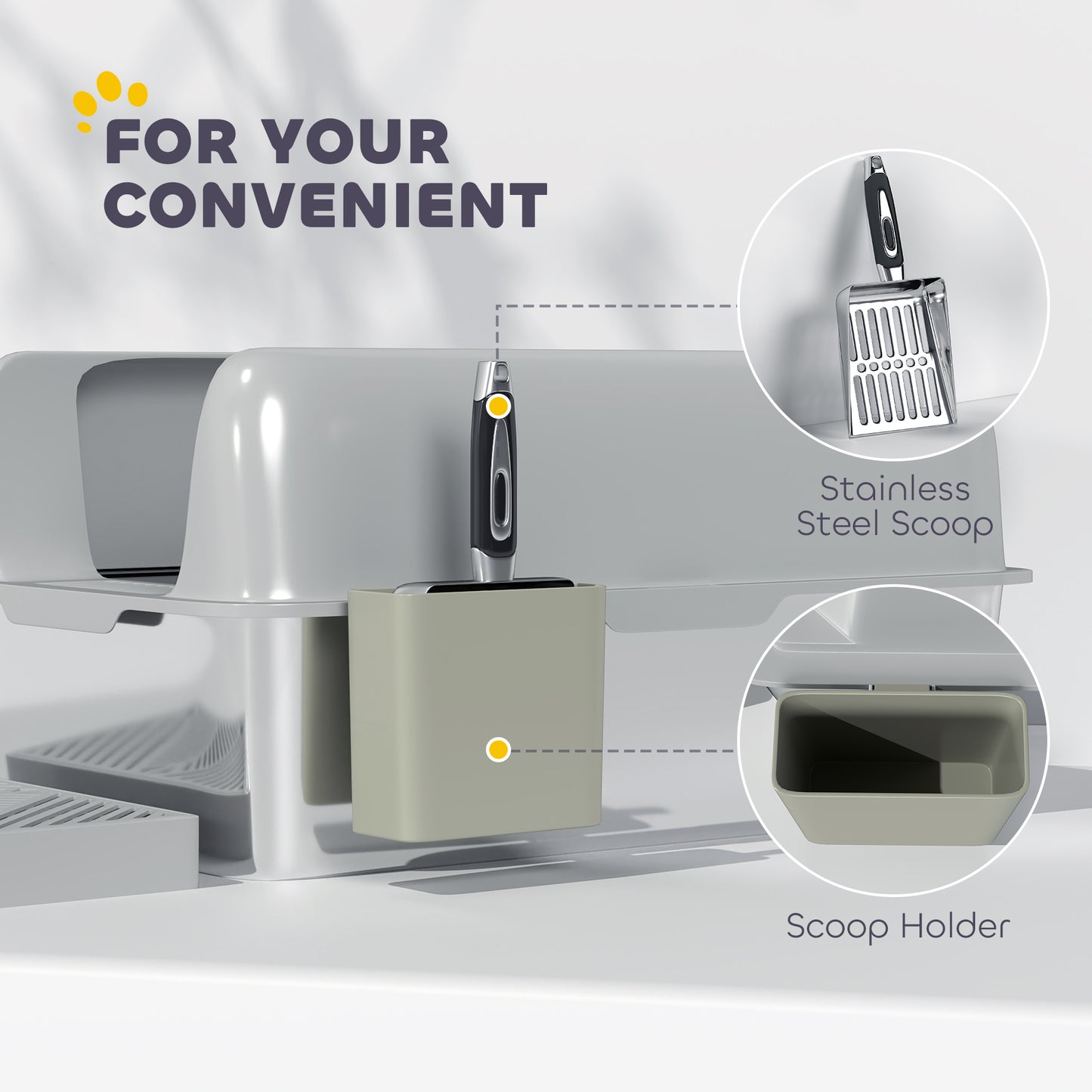 High Sided Stainless Steel Cat Litter Box with Scoop & Holder - Light Gray, 650x210x450mm