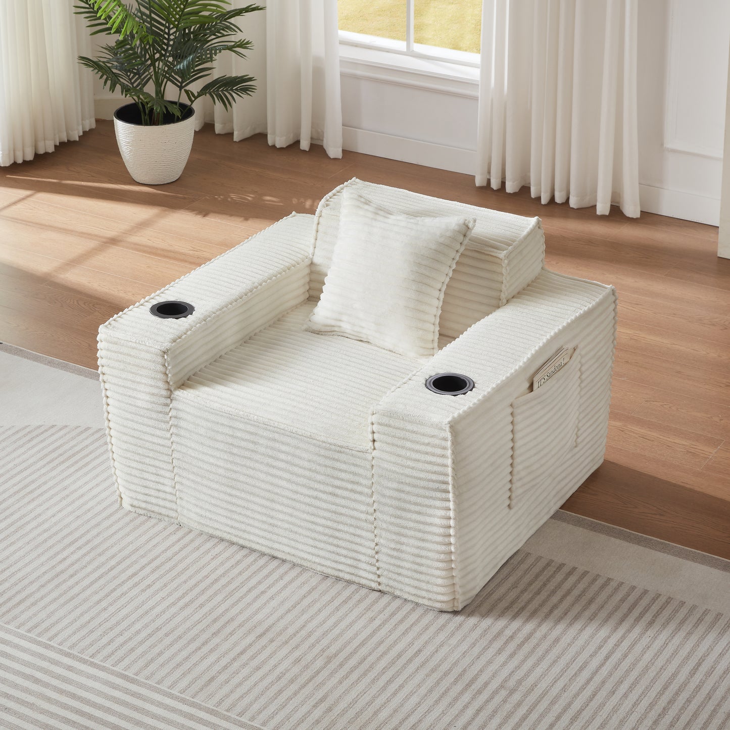 Compact 1-Seater Sofa - No Assembly, Modern Corduroy Design - White