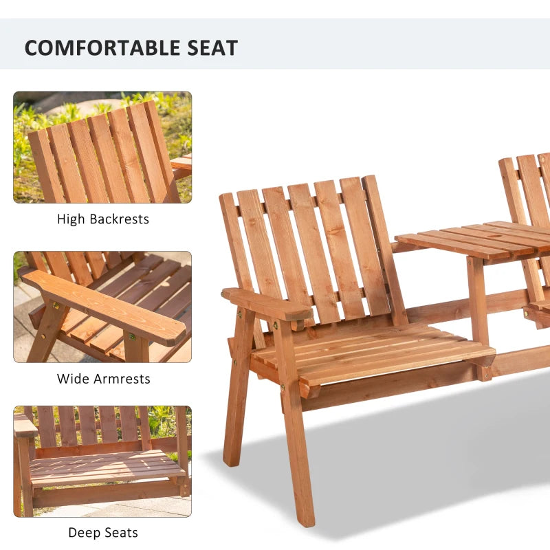 Wooden Patio Bench with Middle Table & Umbrella Hole - Orange