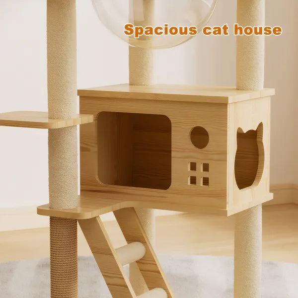 48.8-Inch Modern Wooden Cat Tree Tower with Scratching Posts & Hammock