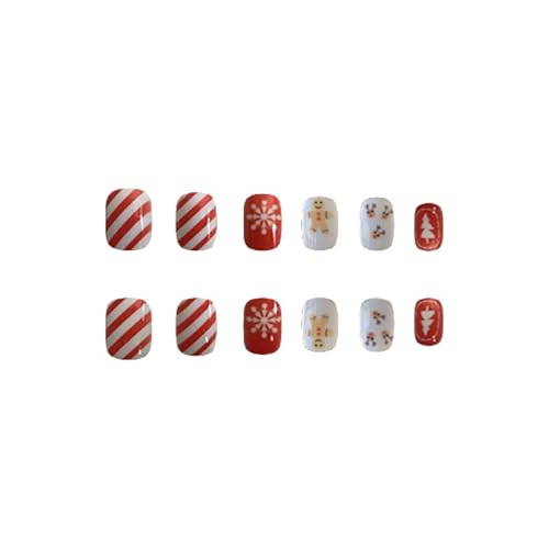 24Pcs Christmas Press on Nails Short Square Elk Fake Nails Full Cover Coffin Acrylic Nails Christmas Glue on nails with White Snowflakes Design Artificial False Nails for Women New Year Manicure Decor